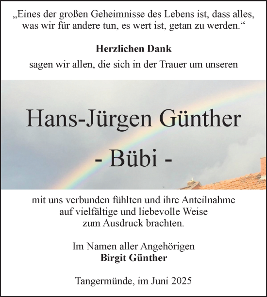 Traueranzeige von Hans-Jürgen Günther von Volksstimme Altmark Ost