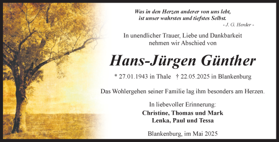 Traueranzeige von Hans-Jürgen Günther von Volksstimme Wernigerode