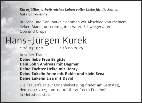 Traueranzeige von Hans-Jürgen Kurek von Trauerkombi Mansfelder Land