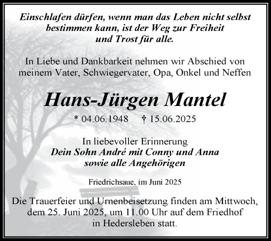Traueranzeige von Hans-Jürgen Mantel von Trauerkombi Aschersleben