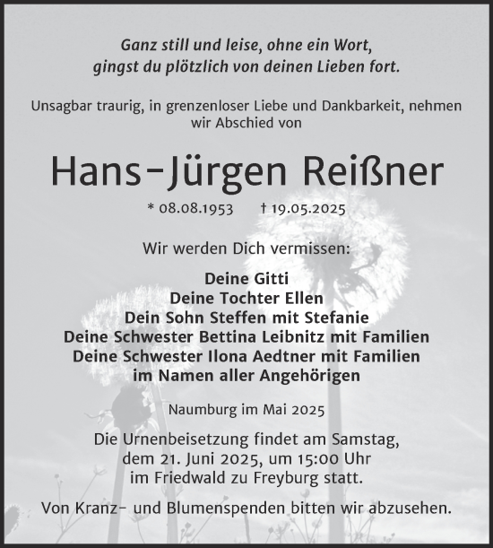 Traueranzeige von Hans-Jürgen Reißner von Naumburger Tageblatt