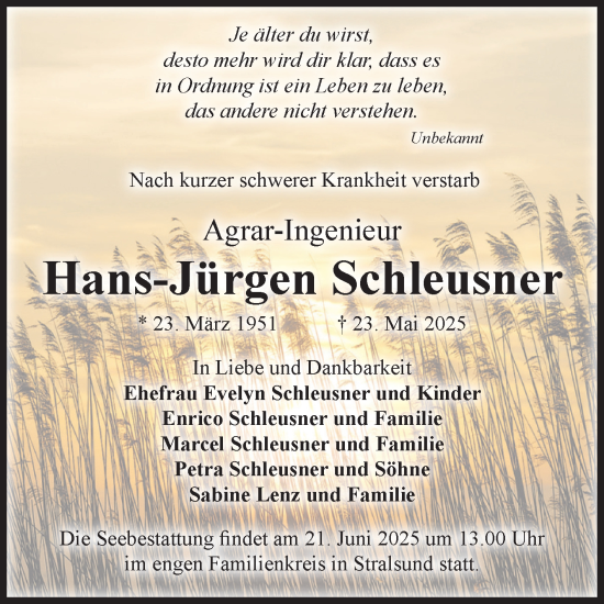 Traueranzeige von Hans-Jürgen Schleusner von Volksstimme Altmark Ost