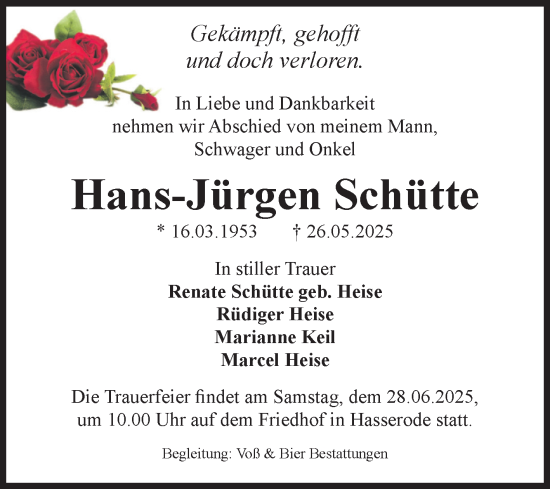 Traueranzeige von Hans-Jürgen Schütte von Volksstimme Wernigerode