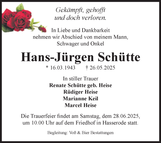 Traueranzeige von Hans-Jürgen Schütte von Volksstimme Wernigerode