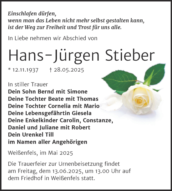 Traueranzeige von Hans-Jürgen Stieber von Trauerkombi Weißenfels