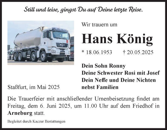 Traueranzeige von Hans König von Volksstimme Altmark Ost