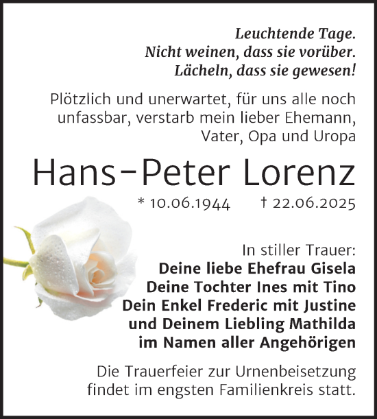 Traueranzeige von Hans-Peter Lorenz von Trauerkombi Zeitz