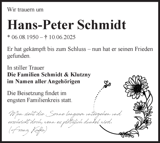 Traueranzeige von Hans-Peter Schmidt von Volksstimme Wernigerode