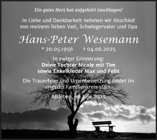 Traueranzeige von Hans-Peter Wesemann von Trauerkombi Bernburg