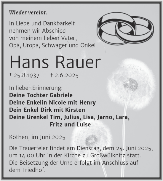 Traueranzeige von Hans Rauer von Trauerkombi Köthen