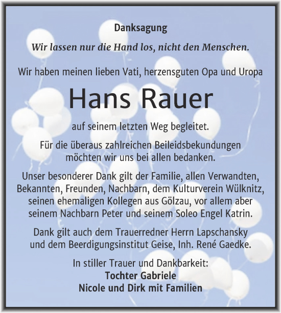 Traueranzeige von Hans Rauer von Trauerkombi Köthen
