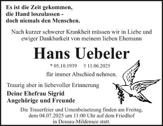 Traueranzeige von Hans Uebeler von Trauerkombi Dessau