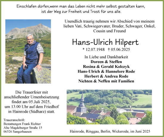 Traueranzeige von Hans-Ulrich Hilpert von Trauerkombi Sangerhausen