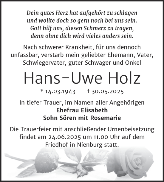 Traueranzeige von Hans-Uwe Holz von Trauerkombi Bernburg