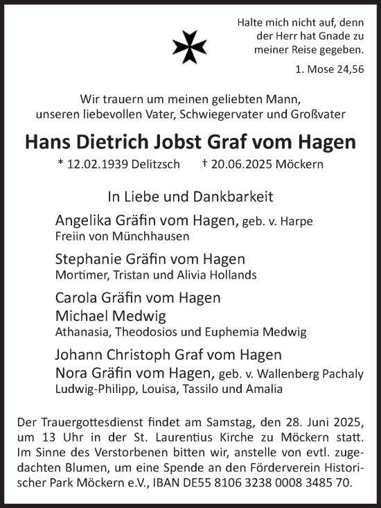 Traueranzeige von Hans Dietrich Jobst Graf vom Hagen von Volksstimme Burg/Genthin