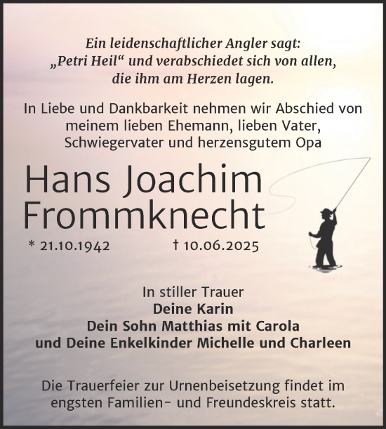 Traueranzeige von Hans Joachim Frommknecht von Trauerkombi Mansfelder Land