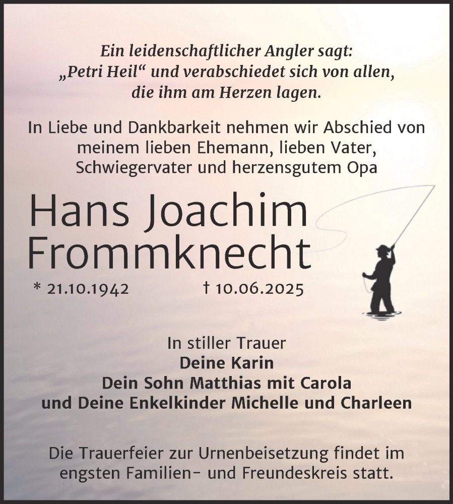  Traueranzeige für Hans Joachim Frommknecht vom 20.06.2025 aus Trauerkombi Mansfelder Land