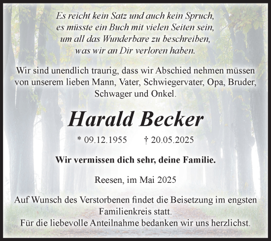 Traueranzeige von Harald Becker von Volksstimme Burg/Genthin
