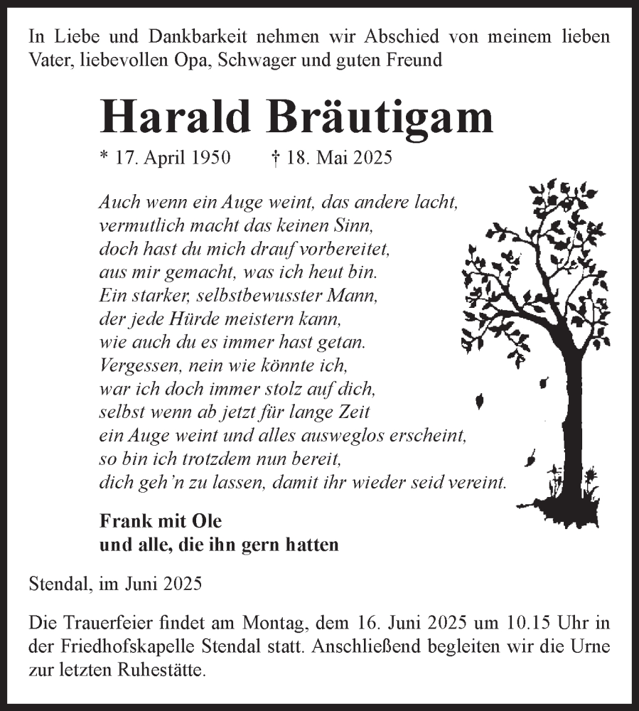  Traueranzeige für Harald Bräutigam vom 06.06.2025 aus Volksstimme Altmark Ost