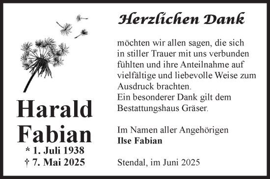 Traueranzeige von Harald Fabian von Volksstimme Altmark Ost