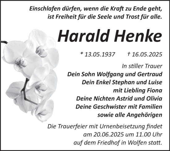 Traueranzeige von Harald Henke von Trauerkombi Bitterfeld