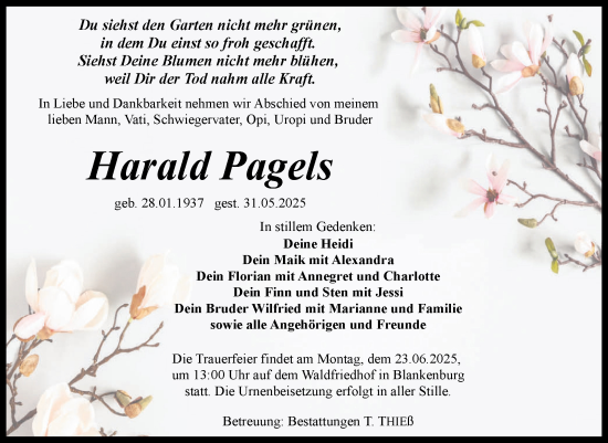 Traueranzeige von Harald Pagels von Volksstimme Wernigerode