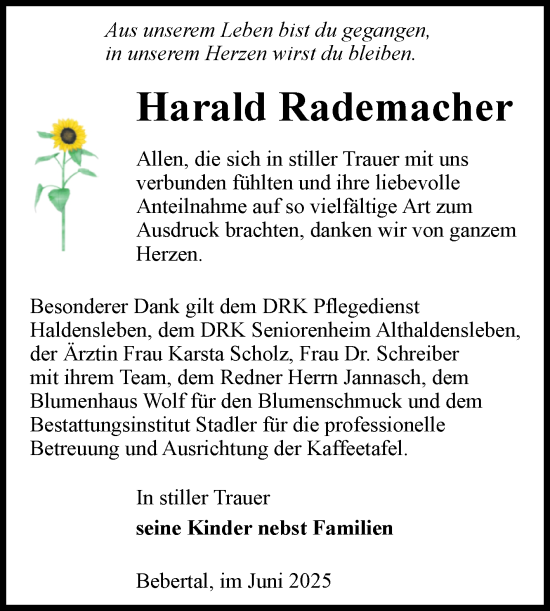 Traueranzeige von Harald Rademacher von Volksstimme Haldensleben/Wolmirstedt