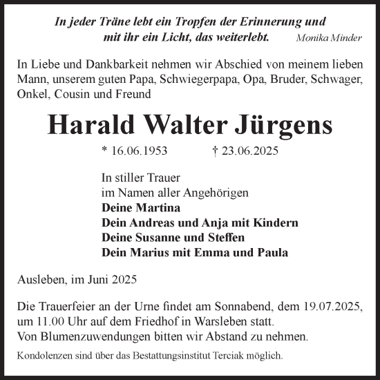 Traueranzeige von Harald Walter Jürgens von Volksstimme Oschersleben/Wanzleben