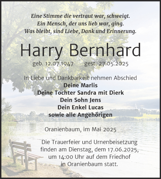 Traueranzeige von Harry Bernhard von Trauerkombi Wittenberg