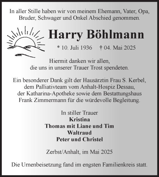 Traueranzeige von Harry Böhlmann von Volksstimme Zerbst