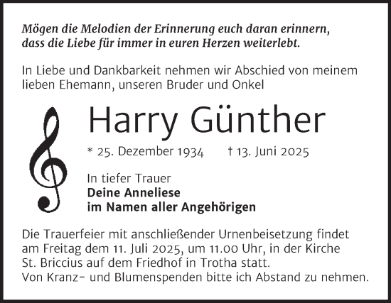 Traueranzeige von Harry Günther von Mitteldeutsche Zeitung Halle/Saalkreis
