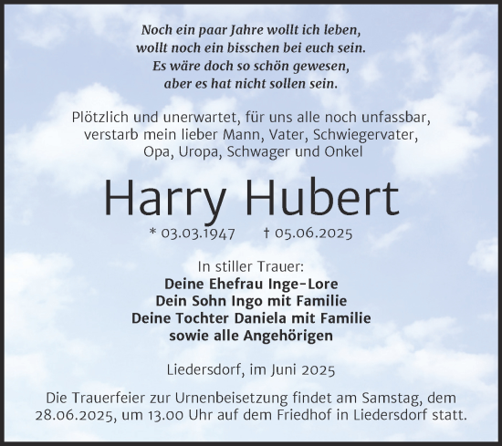 Traueranzeige von Harry Hubert von Trauerkombi Sangerhausen
