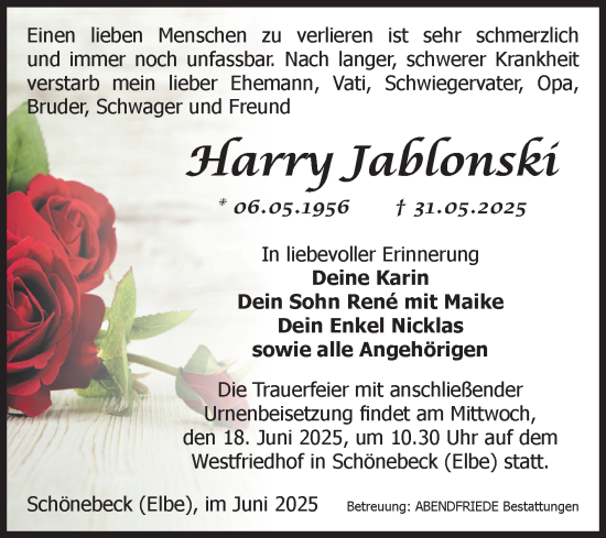Traueranzeige von Harry Jablonski von Volksstimme Schönebeck