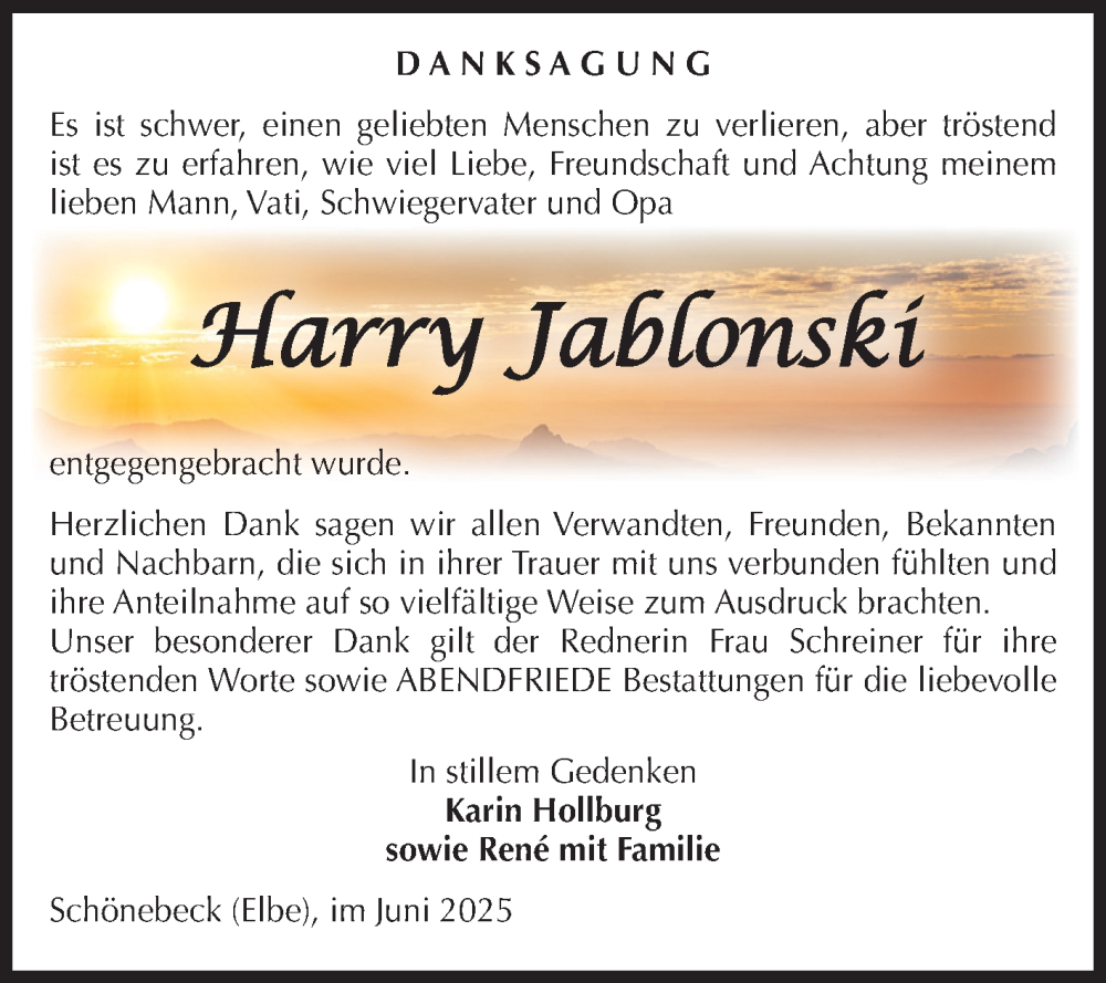  Traueranzeige für Harry Jablonski vom 28.06.2025 aus Volksstimme Schönebeck