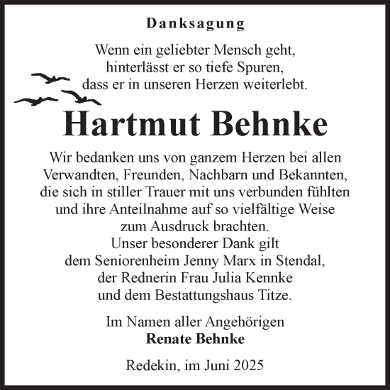 Traueranzeige von Hartmut Behnke von Volksstimme Burg/Genthin