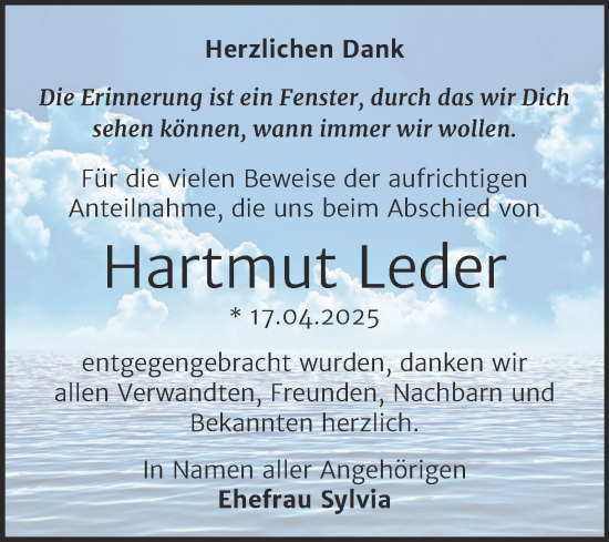 Traueranzeige von Hartmut Leder von Trauerkombi Bitterfeld