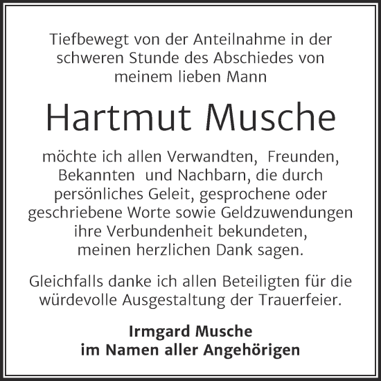 Traueranzeige von Hartmut Musche von Trauerkombi Sangerhausen