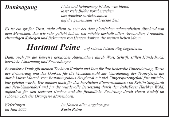 Traueranzeige von Hartmut Peine von Volksstimme Haldensleben/Wolmirstedt