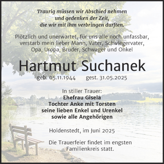 Traueranzeige von Hartmut Suchanek von Trauerkombi Sangerhausen