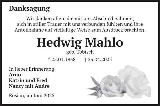Traueranzeige von Hedwig Mahlo von Volksstimme Zerbst