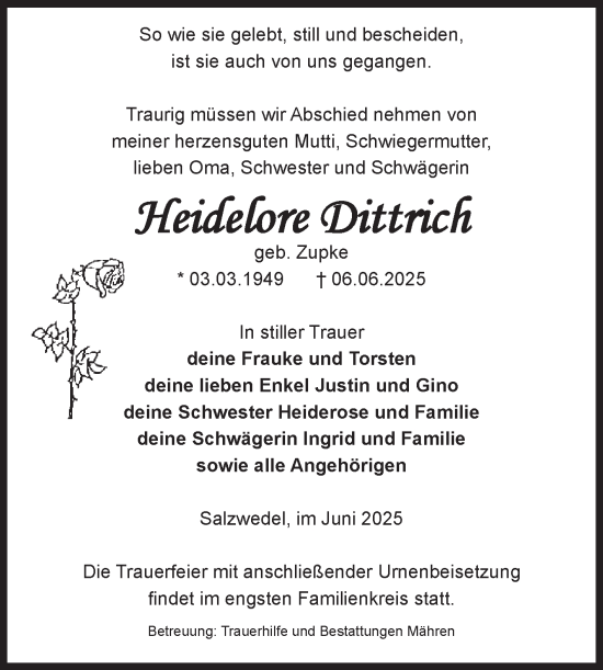 Traueranzeige von Heidelore Dittrich von Volksstimme Altmark West