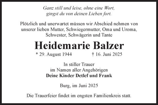 Traueranzeige von Heidemarie Balzer von Volksstimme Burg/Genthin