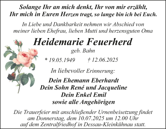 Traueranzeige von Heidemarie Feuerherd von Trauerkombi Dessau