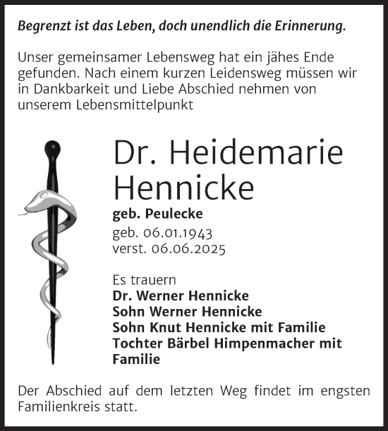 Traueranzeige von Heidemarie Hennicke von Volksstimme Staßfurt