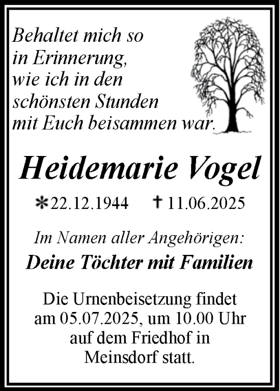 Traueranzeige von Heidemarie Vogel von Trauerkombi Dessau