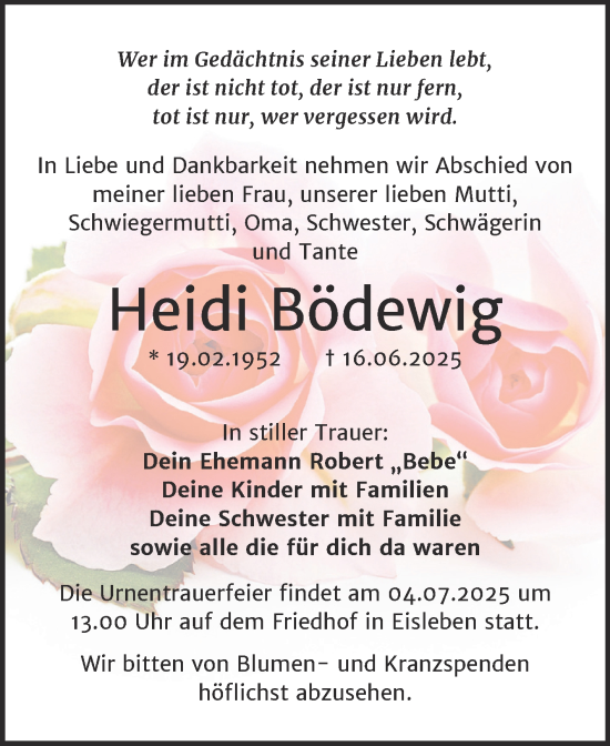 Traueranzeige von Heidi Bödewig von Trauerkombi Mansfelder Land