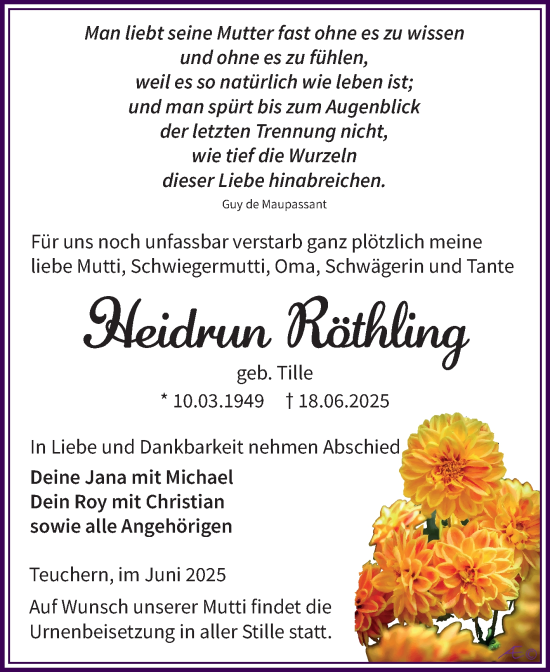 Traueranzeige von Heidrun Röthling von Trauerkombi Weißenfels