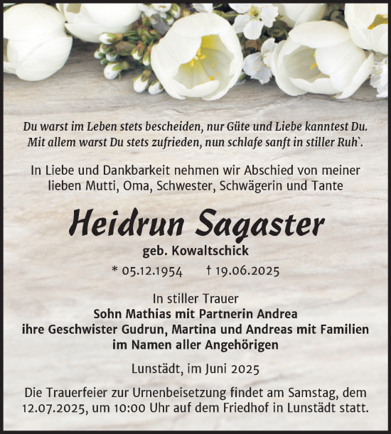 Traueranzeige von Heidrun Sagaster von Trauerkombi Merseburg