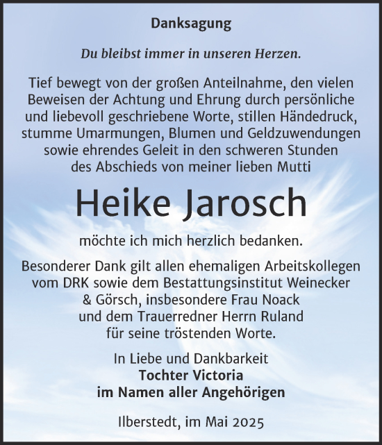 Traueranzeige von Heike Jarosch von Trauerkombi Bernburg