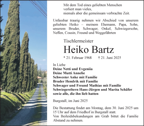 Traueranzeige von Heiko Bartz von Volksstimme Altmark Ost